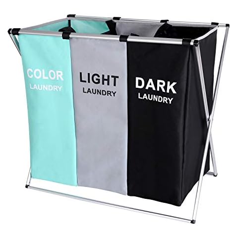 135L Laundry Cloth Basket Sorter Folding Basket 3 Sections With Aluminum Frame 62 cm × 37 cm x 58 cm Washing Bag For Dirty Clothes For Bathroom Bedroom Home (BLACK+GREY+GREEN) Cover