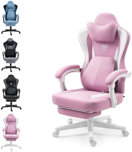 Bild von Vigosit Gaming Stuhl mit Beheizter Massage Lendenwirbelstütze, Stoff Gamer Stuhl mit Tasche Frühling Kissen und Fußstütze, Roß und Hoch Gamer 150 kg Belastbarkeit (blassrosa) Stoff