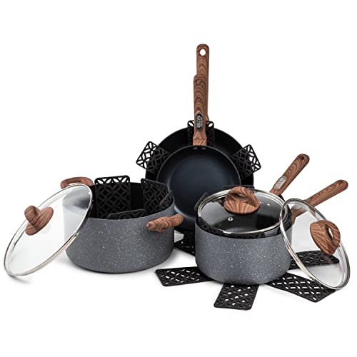 Brooklyn Steel Co 12 Piece Nonstick Cookware Set - Premium Durable Pressed Non Stick Pots and Pans Kitchen Cooking Set - Apartment Essentials, Soft-Touch Stay Cool Handle- Solstice, Grey
