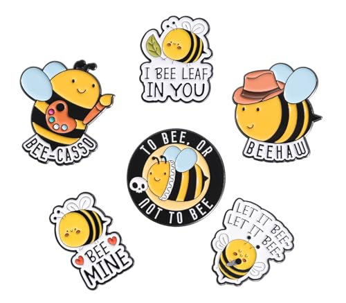 6PCS Cute Bee Enamel Pins Bulk, Cartoon Cute Funny Bee Pins with Puns, Let It Bee Backpack Hat Pin Set, Decorative Crooches Button for Jeans, Jackets, Bags, Dress, Shoes