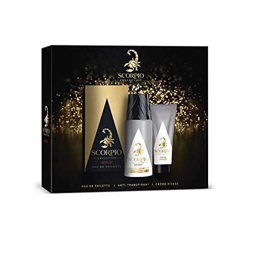 SCORPIO - Kolekcja 3 Gold Box - Zestaw upominkowy dla mężczyzn - Butelka wody toaletowej 75 ml, dezodorant atomizer 150ml i żel do twarzy 50ml