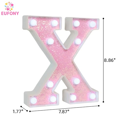 Image of Pink Glitter Marquee Light Up Letters, Battery Operated LED Letter Lights Signs for Pink Birthday Party Table Decorations, Wall Decor for Girls Bedroom, Initial Letter X with Cool White Lights