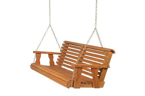 Image of Amish Casual Heavy Duty 700 Lb Capacity Porch Swing (4 Foot, Cedar Stain) - Wooden Outdoor Roll Back Swing with Hanging Chains - Amish Made in the USA