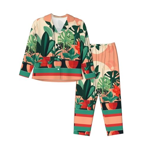 Pyjama confortable respirant doux homewear imprimé plantes vertes L