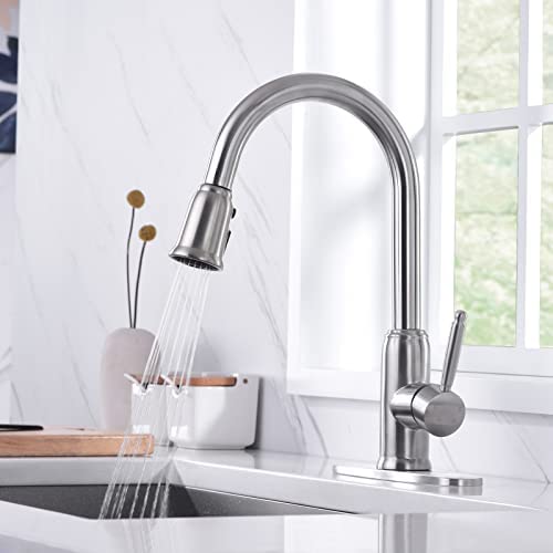 Stainless Steel Kitchen Faucet With Pull Down Sprayer, Wowow Brushed Nickel Kitchen Faucet For Sink 1 Or 3 Hole, Vintage Single Handle Kitchen Sink Faucet High Arc Rv Kitchen Faucet #TOP1