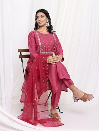 Image of Kaari Women's Hand Embroidered Kurta Set with Dupatta - Straight Fit | Silk Blend Fabric with Dabka Work | Sequin Work Organza Dupatta | Straight Pant with Side Pocket | Kurta Set For Women