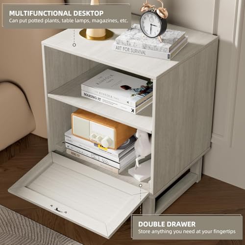Image of Small Night Stand with Drawer, Wood End Table with Drawer Open Shelf, Small Night Stands for Bedrooms, 2-Tier Side Table for Bedroom, Dorm and Small Spaces
