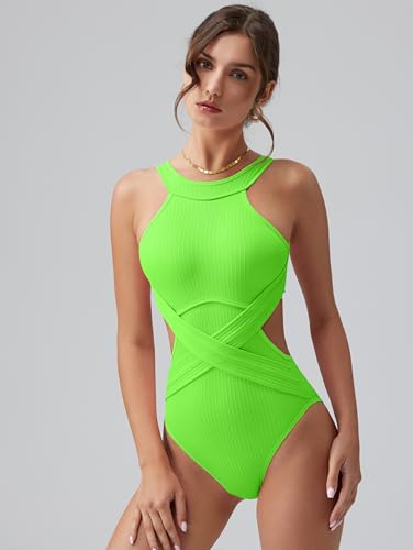 Image of OQQ Women's One Piece Swimsuits Tummy Control High Waisted Cross Bathing Suit Wrap Tie Back 1 Piece Swimwear