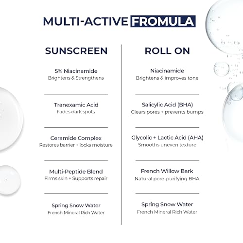 Image of Aqueria Daily Brightening Essentials Kit | Hydrating & Brightening French Sunscreen SPF 50 PA+++ (50g) & 5.5% AHA BHA Underarm Roll On (50ml) | Reduces Tanning, Controls Sweat & Odor | Lightweight, No White Cast | Flora Fragrance