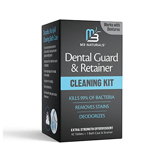 Retainer Cleaner Tablets and Soak Container – Universal No Mess Denture Cleaning Tablets and Denture Bath Case with Strainer – Multipurpose Denture Cup & Mouth Guard Cleaner for Stains Odor & Plaque