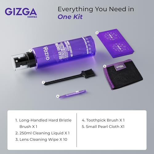 Gizga Pro Series 5-in-1 Cleaning KIT - 250ml Cleaning Spray, 10 Wet Wipes, 2 Brushes, Microfiber Cloth | Screen Cleaner for Laptop, PC, Binocular, TV, Camera Lens, Smartphone, Tablet, Keyboard