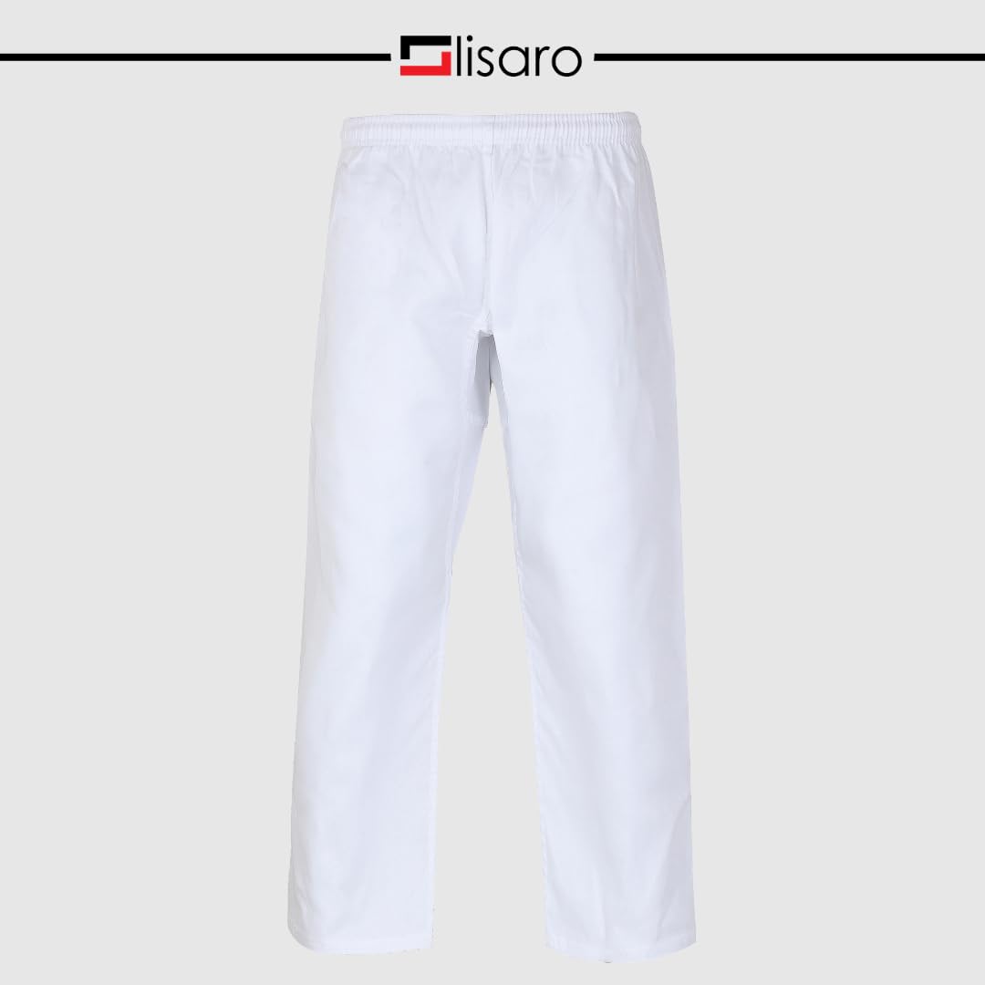 Lisaro Strój do karate biały dla dzieci i dorosłych – strój do sportów walki Karate Gi w zestawie spodnie z gumowym ściągaczem i paskiem – oddychający i wytrzymały – do treningu, Dojo, klubu i na