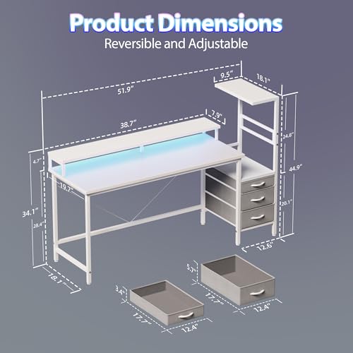 Image of Mericonia 52 inch Gaming Desk with Drawers, Reversible Computer Desk, White
