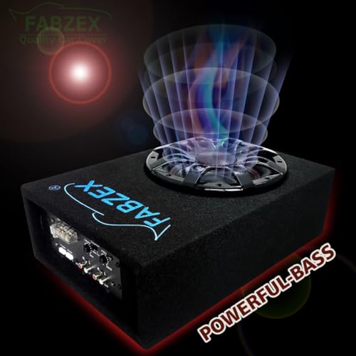 Image of 8 inch Car Active Under-Seat Car Subwoofer, 200W RMS Powered Bass Tube with Built-in Amplifier, Compact Slim Design - Black with Blue Logo