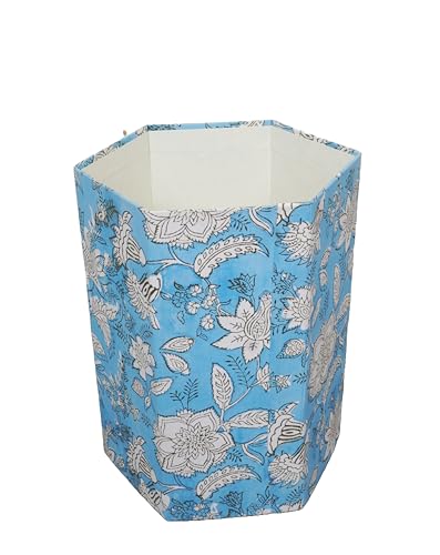 Image of Generic 3.3 Gallon Cotton Hand Block Printed Paper Waste Basket |Small Decorative Trash Can for Housewarming Gifts in Living Room, Bedroom, Bathroom | Eco-Friendly, Plastic-Free (1, SKY WHITE FLOWAR)