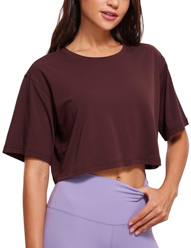 Image of CRZ YOGA Pima Cotton High Neck Crop T-Shirt | Workout, Naturally Soft, Loose Fit, Short Sleeve Tops for Women