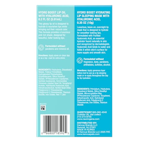 Image of Neutrogena Hydro Boost Lip Hydration Kit, 2 items | Light Pink Tinted Lip Oil, Clear Overnight Lip Sleeping Mask, Hyaluronic Acid, Nourish & Hydrate Day & Night