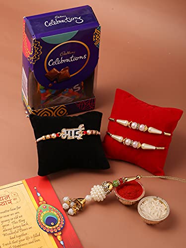 Image of Cadbury 4 Rakhi Combo for Brother Bhabhi Kids with Celebration Chocolate Gift Pack /Rakshabandhan with Gift for Brother with chocolate combo /Lumba /Pearl Designer /Greeting Card