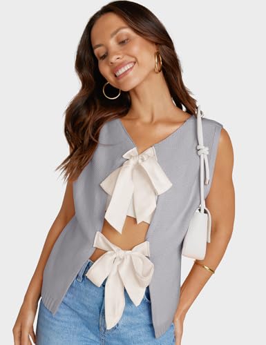 Image of UEU Womens Sweater Vest Bow Tie Back Knitted Tank Tops Casual Crop Vest Tops 2025 Y2K Fashion Clothes