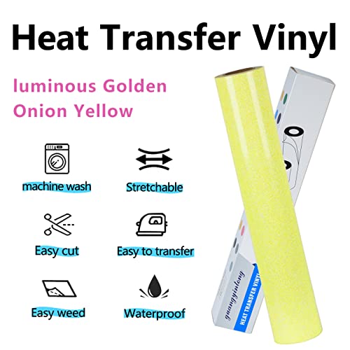 Image of guangyintong Heat Transfer Vinyl Glow Glitter Light Yellow HTV Rolls, 12 inch x 5ft Iron on Vinyl for T Shirts, Glitter HTV Vinyl for All Cutter Machine Easy to Cut & Weed for DIY Design