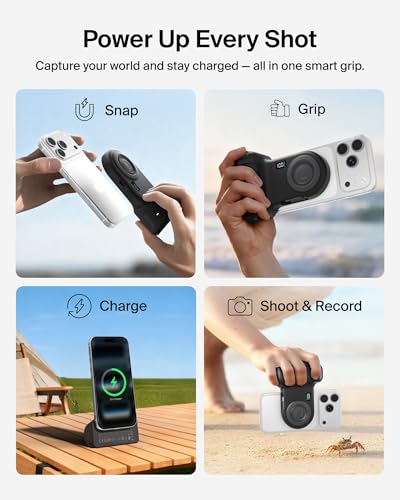 Image of Belkin Stage Powergrip, Magnetic Wireless Charging Camera Grip 9300mAh, Power Bank w /Retractable USB C Cable, Bluetooth, Tripod Attachment, LCD Screen, Portable Charger for iPhone, Google Pixel, etc.