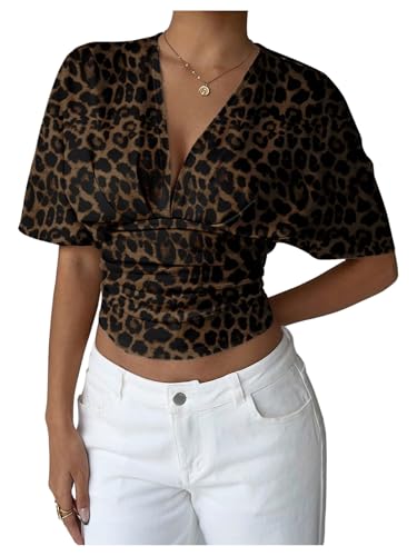 MakeMeChic Women's Y2k Crop Tops Deep V Neck Dolman Sleeve Tops