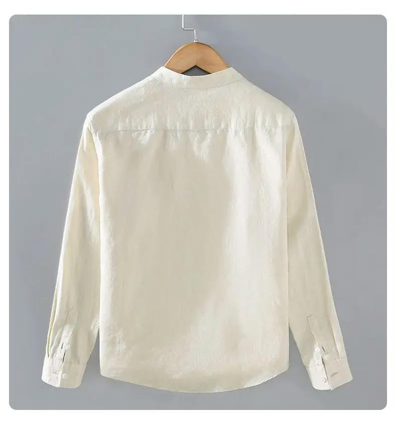 Primavera Estate Uomo Lino Maniche Lunghe Collo Alzato Allentato Versatile Camicia Alla Moda