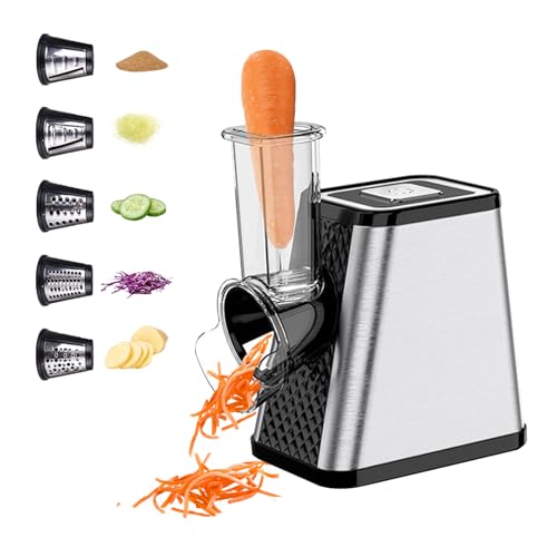 Râpe a Légumes Électrique, 5 en 1 Hachoir Multifonctionnel Râpe, 800 W, en Acier Inoxydable, Coupe-Légumes Électrique avec 5 Cônes pour Fromage, Carottes, Concombres, Pommes de Terre