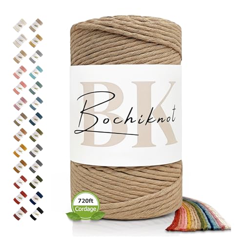 BOCHIKNOT Single Strand Macrame Cord 4mm x 240yds (220m) – Soft Cotton Macrame Rope for Beginners, Easy to Knot for Wall Hangings, Plant Hangers, Fringe and DIY Crafts (Buttermilk)