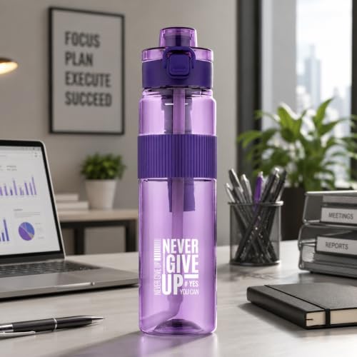 Image of Motivational Sports Water Bottle 1000ml BPA-Free Plastic Bottle with Flip Lid & Straw Reusable Leakproof Drinking Bottle for Gym, School, Office, Home & Outdoor Activities (black, pack of 1) (purple)