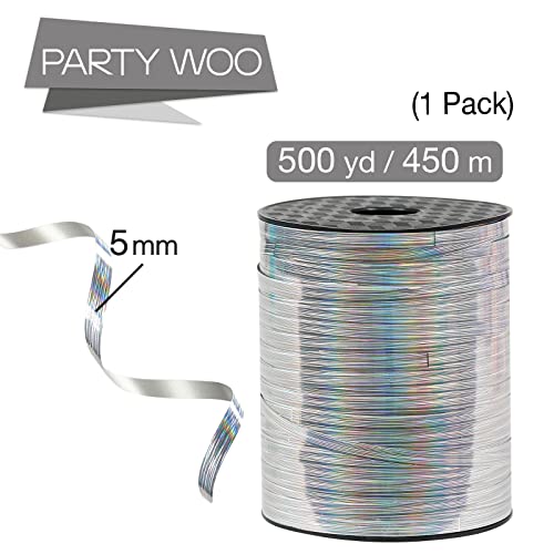Image of PartyWoo Silver Curling Ribbon, 500 Yard for Crafts, Iridescent Crimped, Shiny Metallic for Gift Wrapping, Balloons String, Hair, Florist Flower (1 Roll)