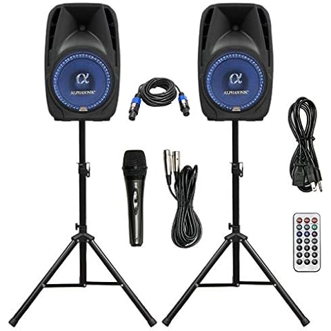 Pair Alphasonik All-in-one 10" Powered 1000W PRO DJ Amplified Loud Speakers with Bluetooth USB SD Card AUX MP3 FM Radio PA System LED Lights Karaoke Mic Guitar Amp 2 Tripod Stands Cable and Microphone Cover
