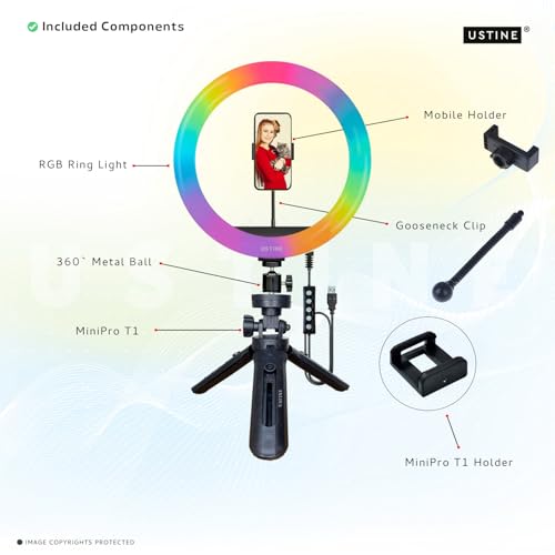 Image of Youtuber Kit | 10 inch RGB Ring Light | MiniPro T1 - Compact 16cm Mini Tripod (Tabletop Use) | Ideal for Facebook Videos, Reels & Vlogging (MiniPro T1 + RGB 10 inch Light)