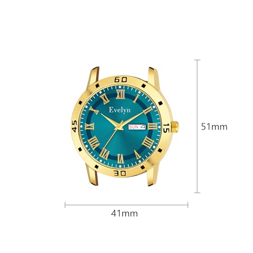 Image of Evelyn Men's Two-Tone Watch, Gold and Silver Stainless Steel Band, Turquoise Dial, Roman Numerals, Day-Date Display