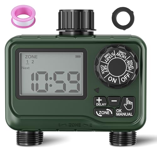 BN-LINK Sprinkler Timer Outdoor - 2 Zone Programmable Water Timer with Rain Delay, Automatic Irrigation System for Lawns & Garden Hoses - Waterproof Manual Controller with Large LCD Display