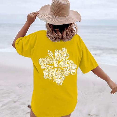 Image of Hawaiian T Shirts for Women Oversized Aesthetic Hibiscus Flower Beach Shirt Teens Preppy Tropical Graphic Tee Tops