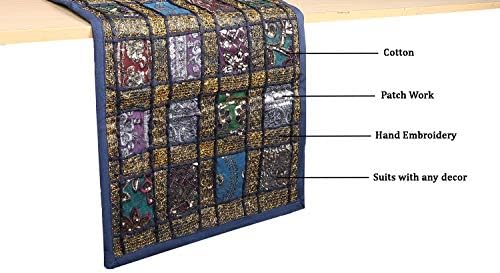 Decorative Patchwork Table Runner - 40 x 182 cm Cotton Vintage Indian Dining Table Cloths Hand Embroidered Ethnic Colorful Sari Table Placemat for Wedding Party Decor - Navy Blue