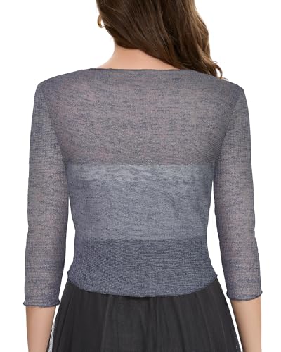 Image of Women Crop Cardigan Sheer Mesh Bolero Shrug for Dress Tie Front 3 /4 Sleeve Tops
