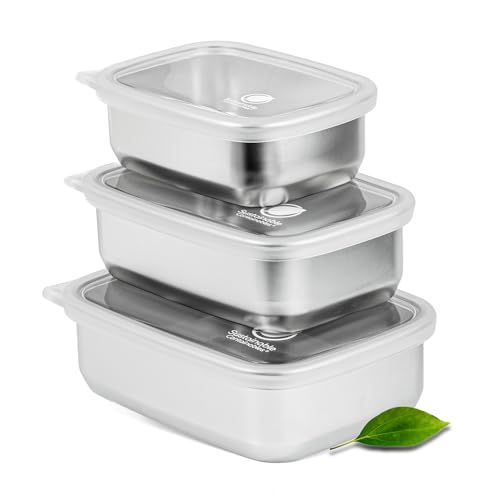 Sustainable Containables Stainless Steel Food Storage Containers with Clear Platinum Silicone Lids,...