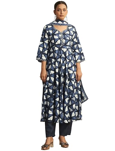 Image of Pinkmint Women's Printed Cotton Blend Kurta Pant with Dupatta Set | Lace Detailing Kurta Set | Ethnic Wear