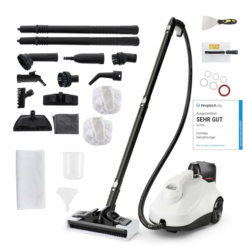 COSTWAY Limpiador a Vapor de 2000W, Multiuso Limpiador de Vapor con 16 Accesorios y Tanque Grande de 1,8 L, Máquina de Limpieza a Vapor con Ruedas para Pisos, Ventanas, Vidrio, Alfombras (Blanco)