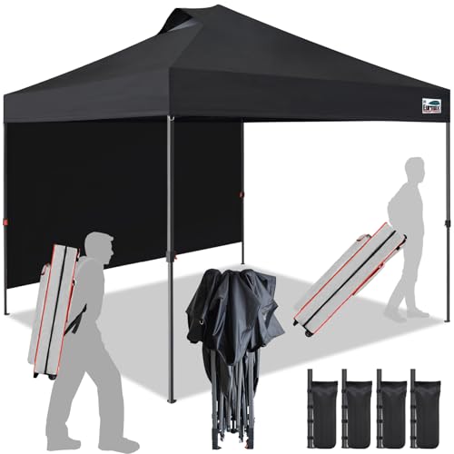 Image of Eurmax USA NOMATTER ONE-Person Open&Close 10x10ft Pop Up Canopy Tent,Portable Shelter Canopy for Outdoor Events with 1 Removable Sidewall,Instant Canopies,Bonus 4 Sand Bags(Black)