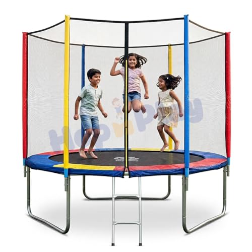 Image of Hop N Play 8FT Trampoline for Kids & Adults with Safety Enclosure Net | Heavy Duty Indoor & Outdoor Jumping Jhula | 150kg Capacity | Safety Pad, Poles, Ladder & Mat - Rainbow Design