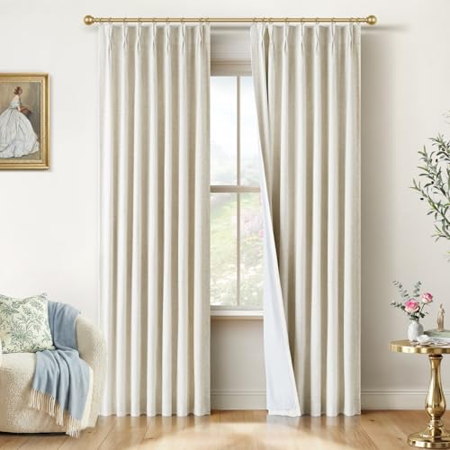 INOVADAY Pinch Pleated Curtains Blackout 90 Inches Long - Linen Blackout Curtains for Living Room Bedroom 2 Panels Set Luxury Thermal Insulated Drapes for Dining Room 40 Wx90 L Natural