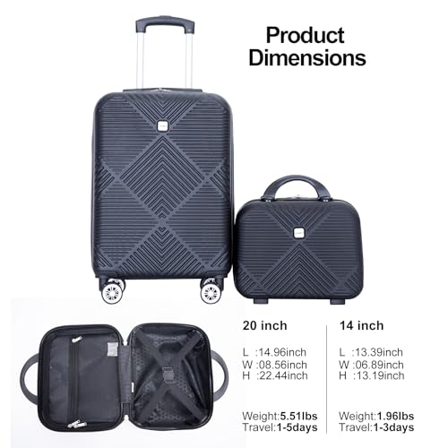 2 Piece Carry on Luggage Set, Airline Approved 20 Inch Luggage with Cosmetic Case HardShell Suitcase with Spinner Wheels, Lightweight Durable Hardside Suitcases Set, Dark Black3