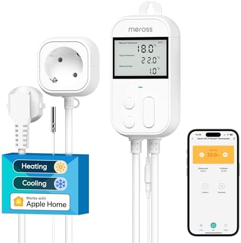 Meross Smart Thermostat Steckdose für HomeKit Digital WLAN Temperaturregler WiFi Heizungsthermostat Steckdose mit Fühler für Heizung und Kühlung 16 A, 2,4GHz, Weiß