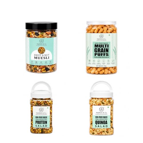 Image of WellNuts & Co. Healthy Snack Combo Pack of 4 |Fruit Nut Meusli - 200g, Multigrain Puffs Punjabi Masala - 200g, Protein Salad - 425g, Quinoa Salad - 325g| Roasted & Ready to Eat Snacks | High Protein & High Fiber Combo | Snacks for Healthy Everyday
