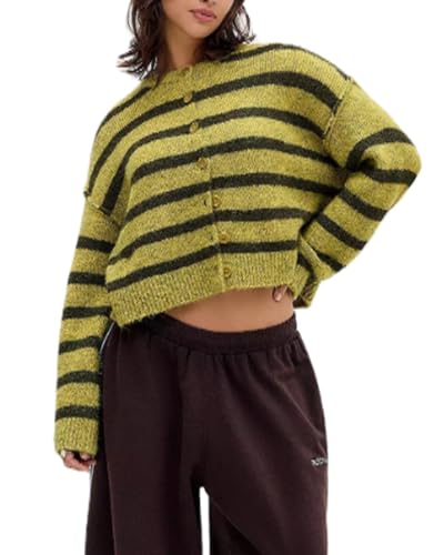 SANSIWU Women's Classic Striped Cardigan Sweaters Long Sleeve Button Down Knitted Coat Y2K Color Block Cropped Knit Cardigans Outwear Jackets (A-Green, S)