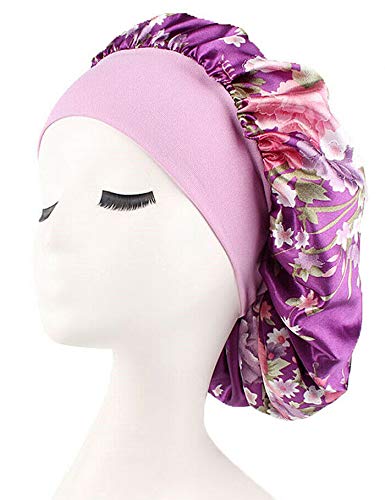 Hair Bonnets for Black Women Sleeping Silk Jumbo Sleep Cap for Natural Hair Floral Print Wide Band Nightcap