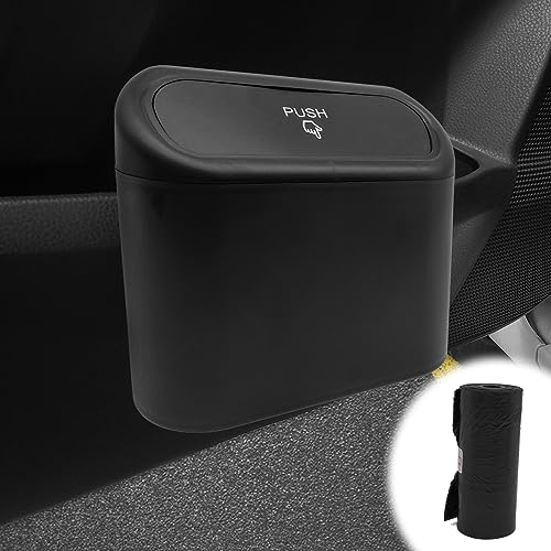 Image of Car Trash Can with Lid Leakproof Mini Vehicle Trash Bin and One Roll Plastic Trash Bag Automotive Garbage Container Bin for Vehicle Home Office (Black)